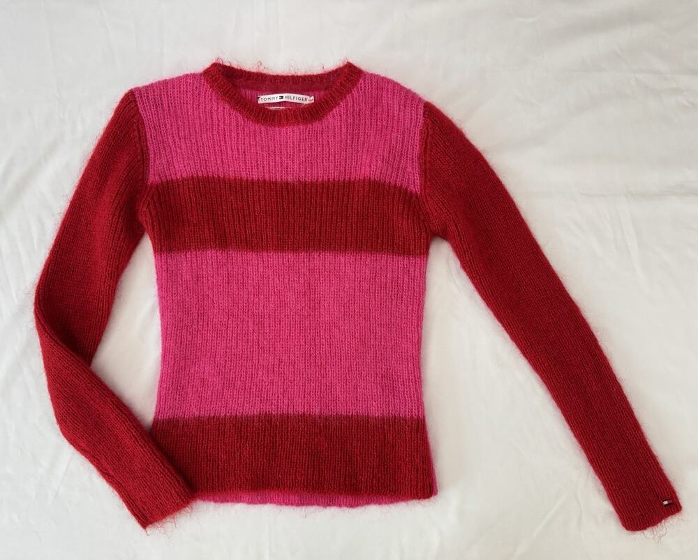 Y2K Mohair Sweater Pink Red Striped Indie Sleaze Fuzzy Knit Tommy Hilfiger M Vtg